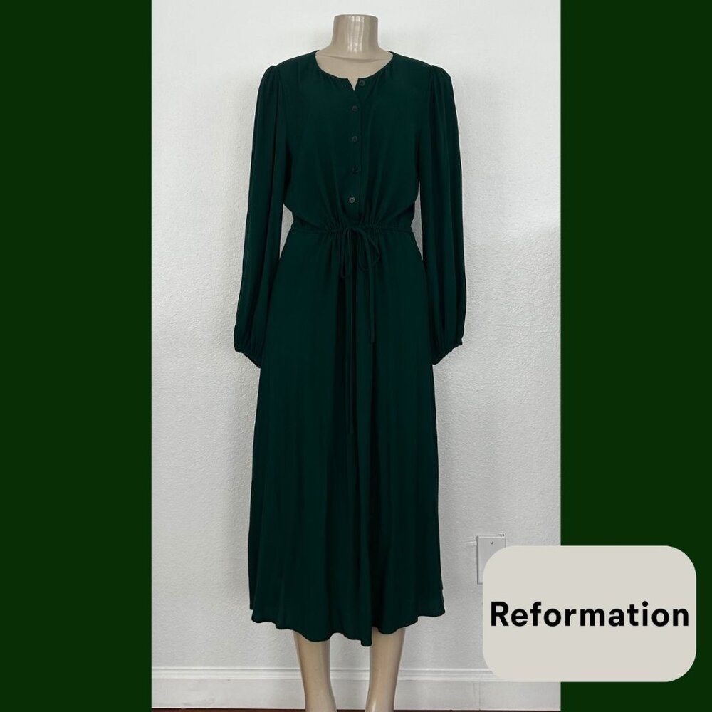 Reformation | Green Long Sleeve Button-Front Midi Dress